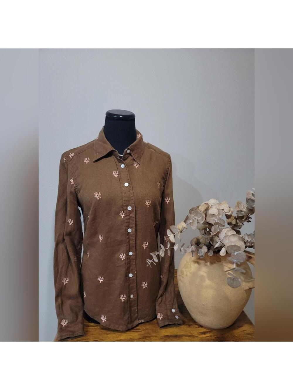 J. McLaughlin Brown Sea Coral Button Shirt Linen Size 2